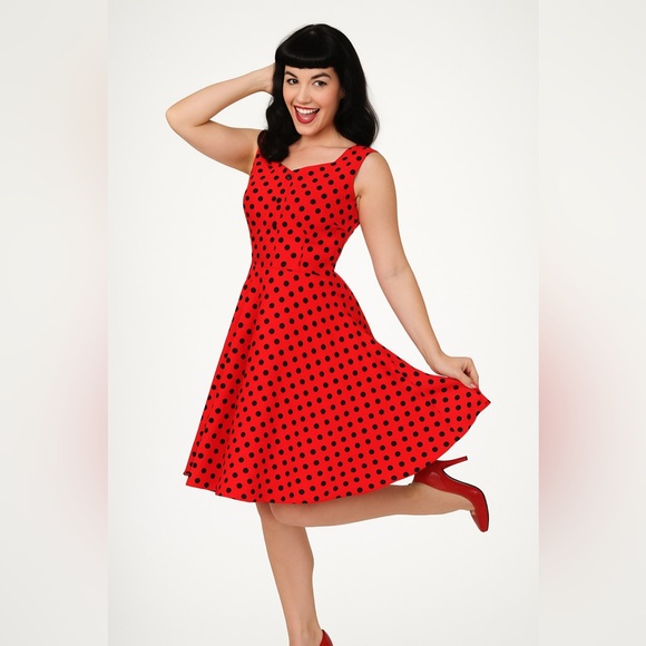 Unique Vintage Orchid Bloom 1950s Red & Black Polka Dot Fit & Flare Swing Dress - Picture 2 of 16